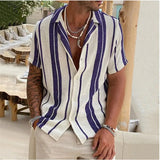 Ceekoo  -  New Men's Slub Cotton Shirt Stripe Short Sleeve Collar Cardigan Summer Fashion Loose Oversize Shirts Top Streetwear Male