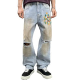 Ceekoo  -  fall outfits men Washed Vintage Printed Men's Jeans Washed Street Personalised Trendy Dirty Loose Straight broken holes Wide Leg Men's Pants