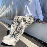 Ceekoo Mens Fashion Printed jeans Spring 2023 Mopping Trousers Jeans Korean Style High Street Loose Hip Hop Wide-leg Jean Pants