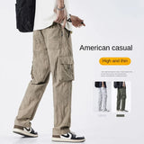 Ceekoo Spring New Style Korean Fashion Men's Baggy Khaki Cargo Pants Cotton Outdoor Style Drawstring Straight Trousers Male