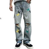 Ceekoo  -  fall outfits men High-end Street hip-hop personality butterfly print jeans men's loose straight wide leg pants retro Y2k washed pants