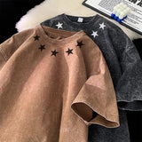 Ceekoo  - Men Black Washed T-shirt O-neck Star Patterned Heavyweight Short Sleeve Harajuku Streetwear Tshirt Hip Hop Tops