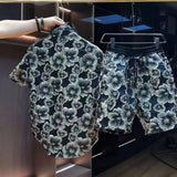 Ceekoo  -  Ethnic Style Scalding Gold Flower Shirts And Shorts Two Piece Set Mens Fashion Short Sleeved Suits Summer Casual Loose Outfits