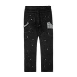 Ceekoo Black White Checkered Patchwork Straight Leg Denim Trousers Men Hip Hop Splashed Ink Logging Pants Jeans Slim Fit Washed Torn