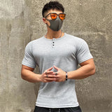 Ceekoo Summer New Men's T-Shirt Henry Shirt V-Neck Short Sleeved Cotton Slim Fit Elastic Gym Sports Fitness T-Shirt Sportswear Top