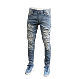 Ceekoo Street Fashion Men Jeans Retro Blue Elastic Painted Skinny Ripped Jeans Men Beading Patched Designer Hip Hop Brand Pants Hombre