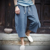 Ceekoo  -  Oversized Wide-leg Cotton Linen Calf-Length Pants Mens Summer Drawstring Loose Beach Shorts Casual Harlan Trousers Fat Plus Szie