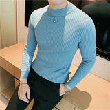 Ceekoo 10 Colors Dark Vertical Stripes Solid Color Half Turtleneck Knit Sweater Men Solid Color Long-sleeved Slimming Sweater Pullovers