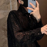 Ceekoo  -  Mens Y2k Tassel Sequin Shoulder Pad Mesh Shirt Nightclub Fashion Personality Casual Versatile Temperament Long-Sleeved Top