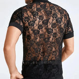 Ceekoo  -  Mens Sexy Lace Rose See-Through Top Genderless New Personalized Shaping Beach Casual Breathable Thin T-Shirt Unisex