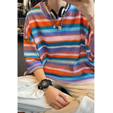 Ceekoo  -  Summer Street Men and Women Trendy Personality Colorful Stripe Hip Hop Round Neck Short Sleeve Couple Loose Casual T-shirt Top