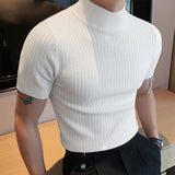 Ceekoo  Men Half High Collar T-Shirt Short Sleeve Pullover Tee Tops Summer Knitted Shirts Casual Man Solid Slim Fit Tops