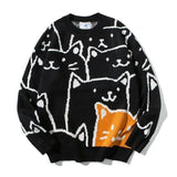 ceekoo Autumn And Winter Cartoon Cat Crew Neck Sweater Men's Loose Couple Knitwear Casual Pullover