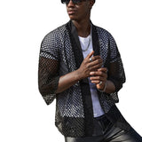 Ceekoo  -  Mesh See-through Fishnet Mens Shirt Cardigan Fashion Sexy Shawl Nightclub Wear Tops 3/4 Sleeve Camisas Streetwear For Men