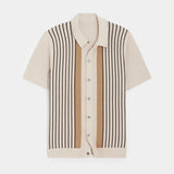 Ceekoo  -  Vintage Striped Knitted Shirts Men Casual Short Sleeve Buttoned Lapel Knit Cardigan Tops Mens Summer Trendy Knitting Shirt