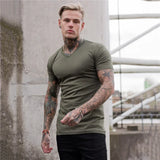  Ceekoo Gym T-shirt Men Fashion V Neck Short Sleeve Cotton Tshirt Slim Fit Sports Tee Shirt Bodybuilding Fitness Workout Summer Clothing