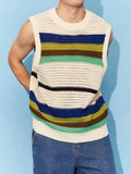 Ceekoo  -  Spring New Hollow Stripe Knitwear Sweater Vest Contrast Color O Neck Casual Tank Tops Korean Fashion Male Sleeveless Tees