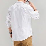 Ceekoo  Men Casual White Shirts Long-sleeved Chest Two Pocket Design 100% Cotton Solid Casual Turn-down Collar Shirt M-3XL
