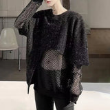 Ceekoo  -  Mens y2k sequin mesh stitching see-through sexy long-sleeved T-shirt autumn genderless nightclub fashion trend long top unisex