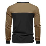 Ceekoo  -  Autumn Men's Retro Long-sleeved T-shirt Fashion Color Matching V-neck Henry Collar Bottoming Shirt Casual Sports Shirt