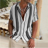 Ceekoo  -  New Men's Slub Cotton Shirt Stripe Short Sleeve Collar Cardigan Summer Fashion Loose Oversize Shirts Top Streetwear Male