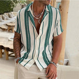 Ceekoo  -  New Men's Slub Cotton Shirt Stripe Short Sleeve Collar Cardigan Summer Fashion Loose Oversize Shirts Top Streetwear Male