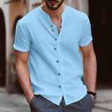 Ceekoo  -  Vintage Cotton Linen Shirt Men Solid Short Sleeve V-neck Slim Fit Casual Top Summer Fashion Fashion Retro Shirts Streetwear Male