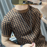 Ceekoo New Houndstooth Men Short Sleeve Sweater T-shirt  O-neck Knitted Top Tees Streetwear High Quality Social Club Casual Tee Shirt