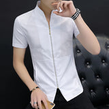 Ceekoo   Summer Stand Collar Shirt for Men Short Sleeve Slim Zipper Casual Shirts Business Social Party Tuxedo Blouse Men Clothing