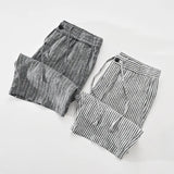 Ceekoo Striped Shorts for Men Japanese Style Pure Linen Casual Elastic Waist Button Up Short Pants  Summer New