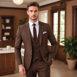 Ceekoo  -  Dark Brown Suits for Men Fashion Single Breasted Solid Male Suit Fashion Business Casual Formal Wedding Party Tuxedo 3 Piece