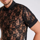 Ceekoo  -  Mens Sexy Lace Rose See-Through Top Genderless New Personalized Shaping Beach Casual Breathable Thin T-Shirt Unisex