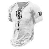 Ceekoo  -  New Men V-neck Vintage T-shirt Short Sleeve Casual Cotton Tee Top Summer Fashion Lace Up 3D Digital Printed Tshirts Man Clothing