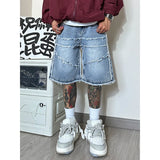 Ceekoo American High Street Men's Wide Leg Denim Shorts Summe New Fashion Casual Baggy Short Jeans Male Chic Burrs Clothes