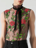 Ceekoo Mens Sexy Rose Embroidery Sheer Sleeveless Tank