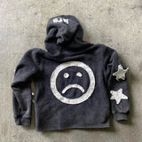 Ceekoo  -   90s Streetwear Trendy Brand Crying Face Letter Embroidered Zipper Hoodie Men Y2k Retro Harajuku Jacket Hip-hop Rock Casual Oversized Sweatshirt