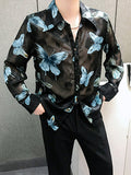 Ceekoo Mens Butterfly Print Sheer Long Sleeve Shirt