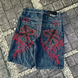 Ceekoo  -  90s Streetwear Y2K Street New Fashion Skeleton Embroidery Loose Shorts Men Retro Harajuku Pop Hip Hop Gothic High Waist Sports Denim Shorts