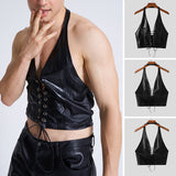 Ceekoo Mens Halter PU Leather Cross Straps Vest