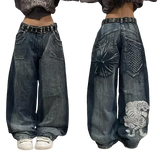 Ceekoo  -   90s Streetwear Streetwear New Oversized Geometric Print Washed Pocket Straight High-waisted Jeans Female Y2K Fashion Harajuku Lazy Wide Pants 1017