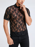 Ceekoo Mens See-through Lace High Neck T-Shirts