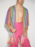 Ceekoo Mens Glitter Rainbow Stripe Printed Fringe Cardigan