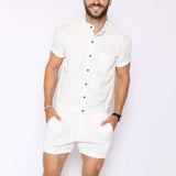 Ceekoo Mens Striped Button Causal Short Sleeve Jumpsuit