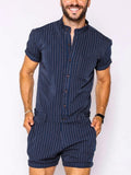 Ceekoo Mens Striped Button Causal Short Sleeve Jumpsuit